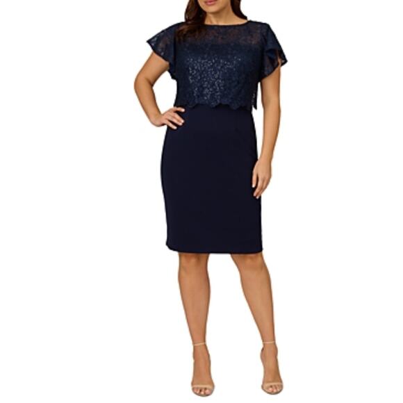 Adrianna Papell Dresses & Skirts - Adrianna Papell Sequined Lace Sheath Boat Neck Cocktail Dress Navy Blue Size 14W